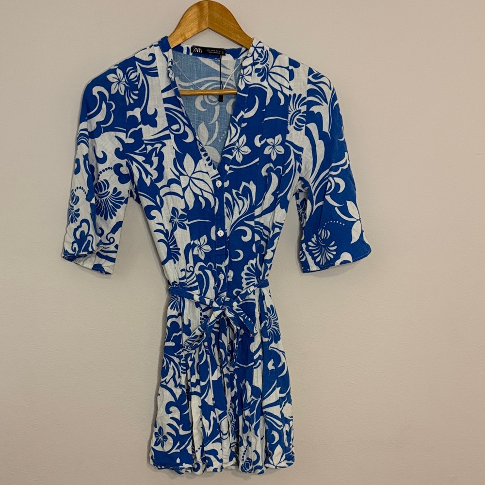 Zara Blue & White Floral Tie-Waist Mini Dress